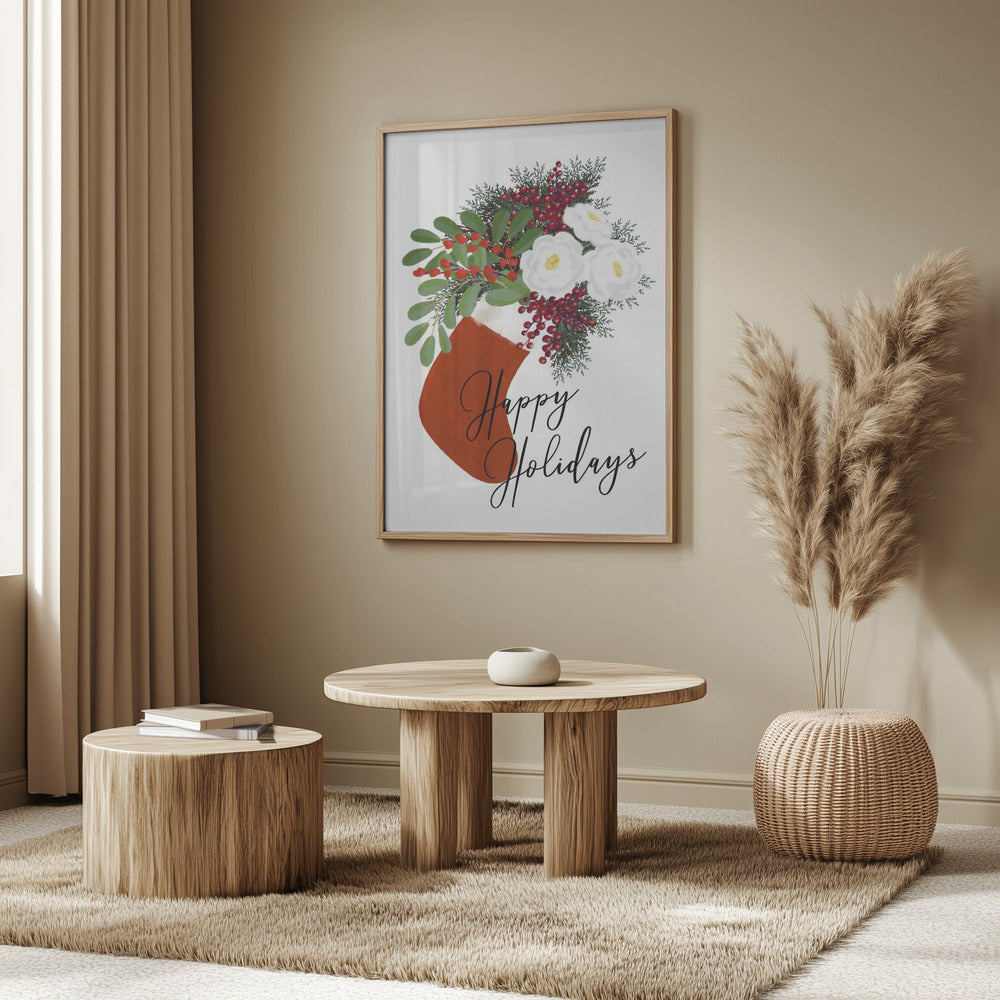 Floral Stocking Happy holidays in white Poster