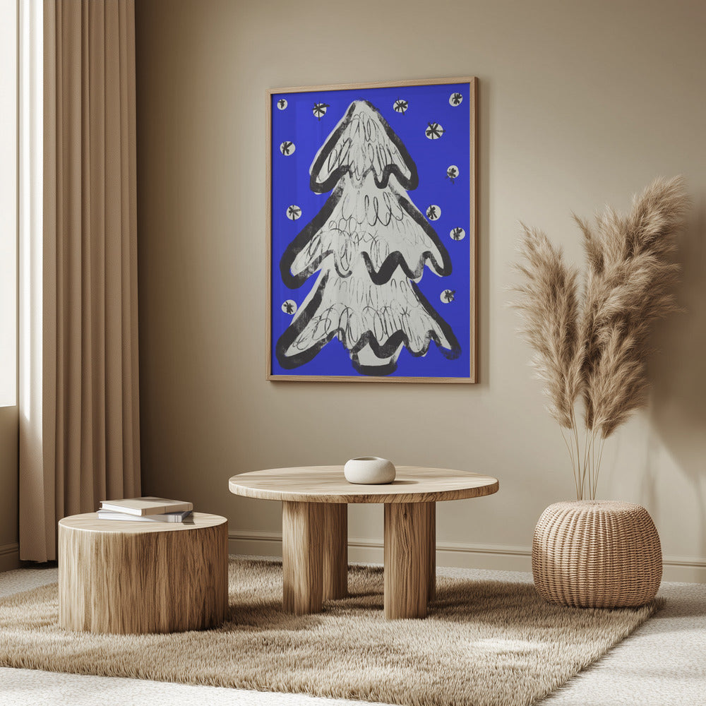 Christmas Tree And Snow Blue Poster