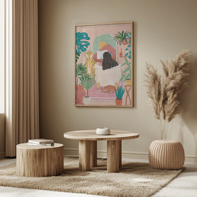 Woman taking bath in pink tropical bathroom Poster