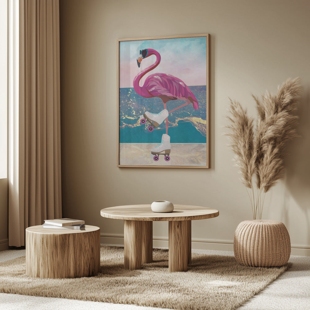 Flamingo rollerskating on the beach Poster