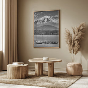 Picturesque Lake Shoji with striking Mount Fuji - monochrome Poster