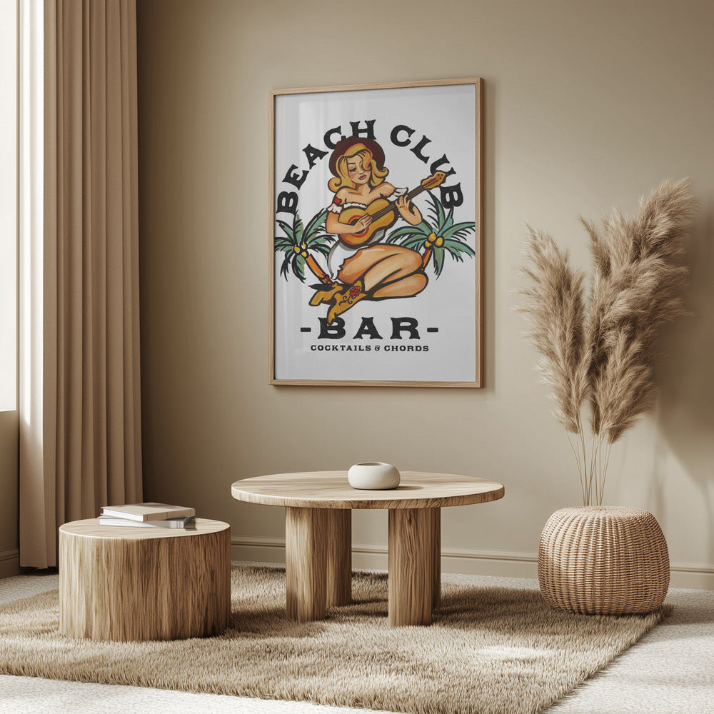 Beach Club Bar. Sailor Jerry Style Pin-up Girl Playing Guitar Poster