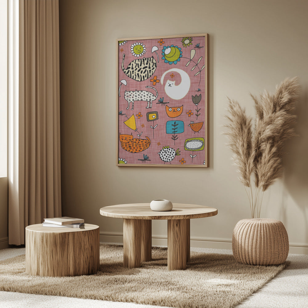 Spring Cat Pink - Cute Whimsical Cats with Flowers Poster