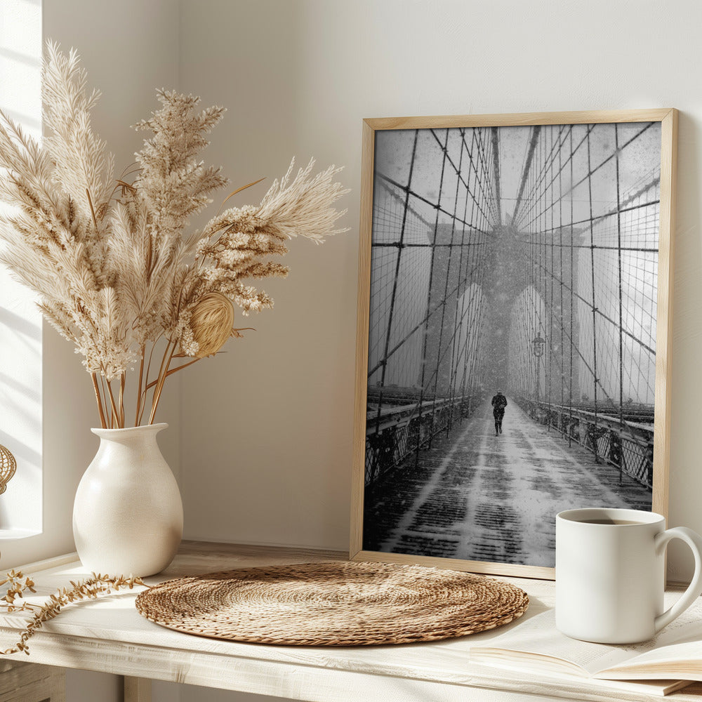 New York Walker in Blizzard - Brooklyn Bridge Poster