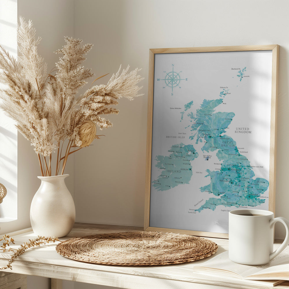 Aquamarine watercolor map of the United Kingdom Poster