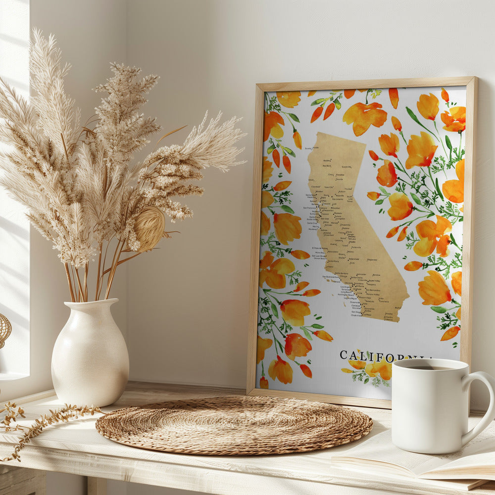 California map with watercolor poppies Poster