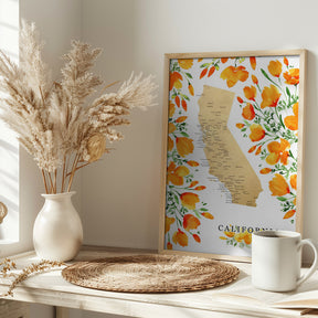 California map with watercolor poppies Poster