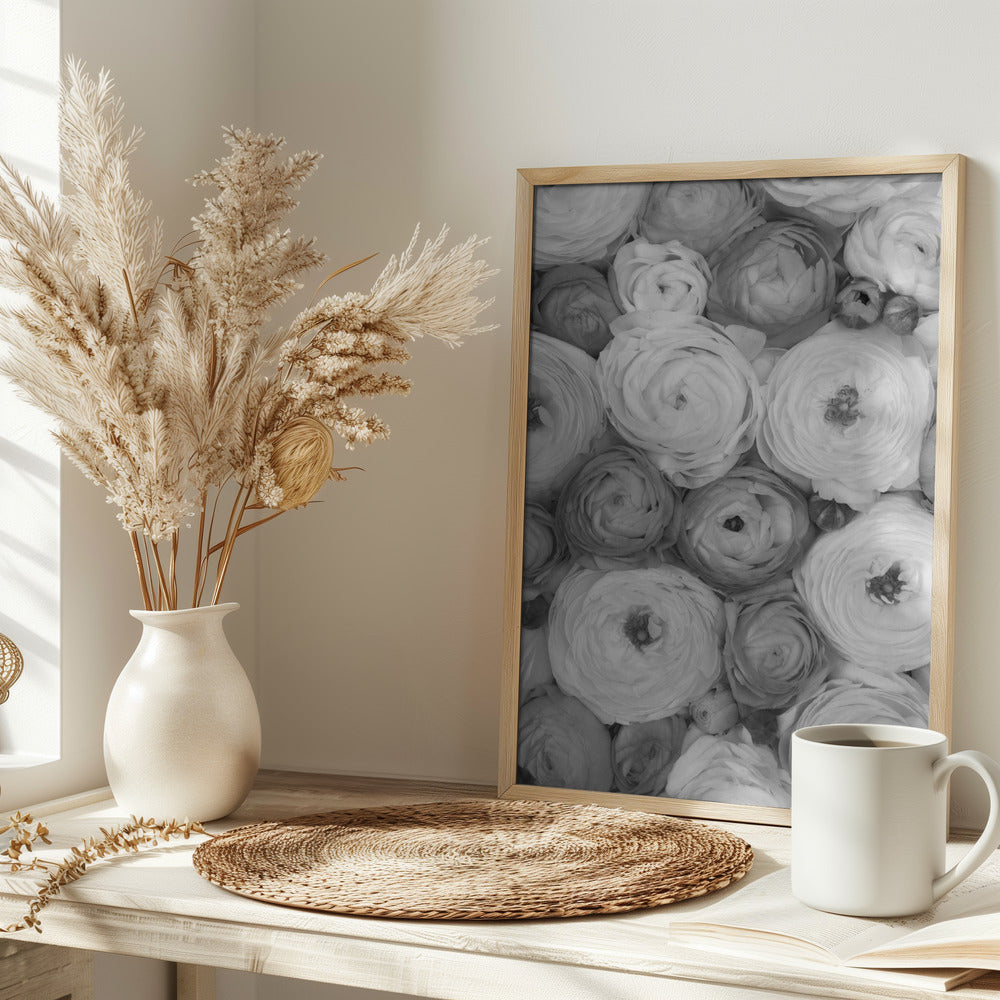 Scattered ranunculus grayscale II Poster