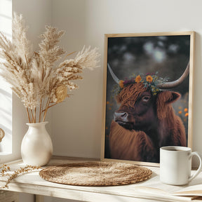 Highland Cow With Flowers Poster