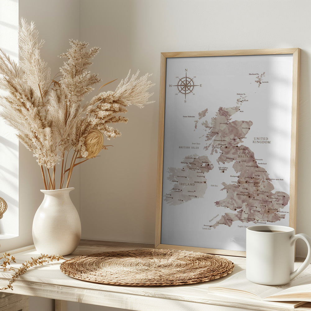 Taupe map of the United Kingdom Poster