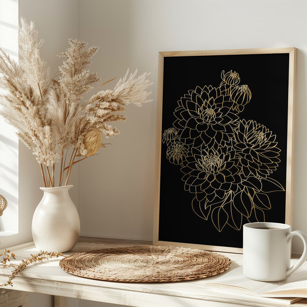 Pacey dahlias bouquet in gold and black Poster