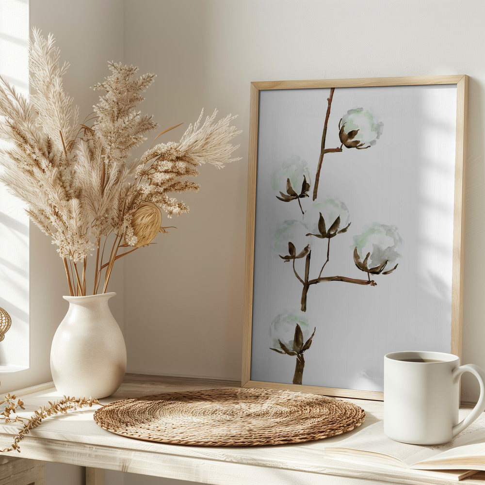 Watercolor cotton branch I Poster