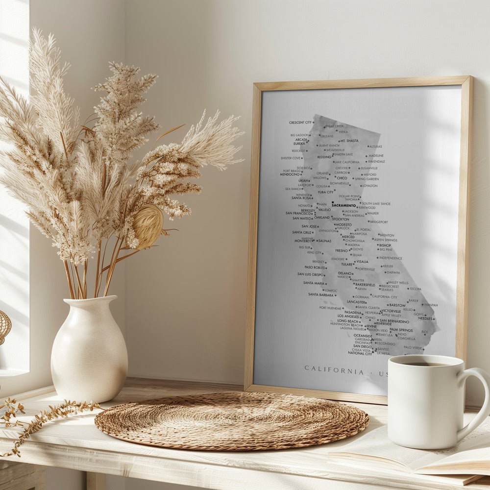 Grayscale watercolor map of California with cities Poster