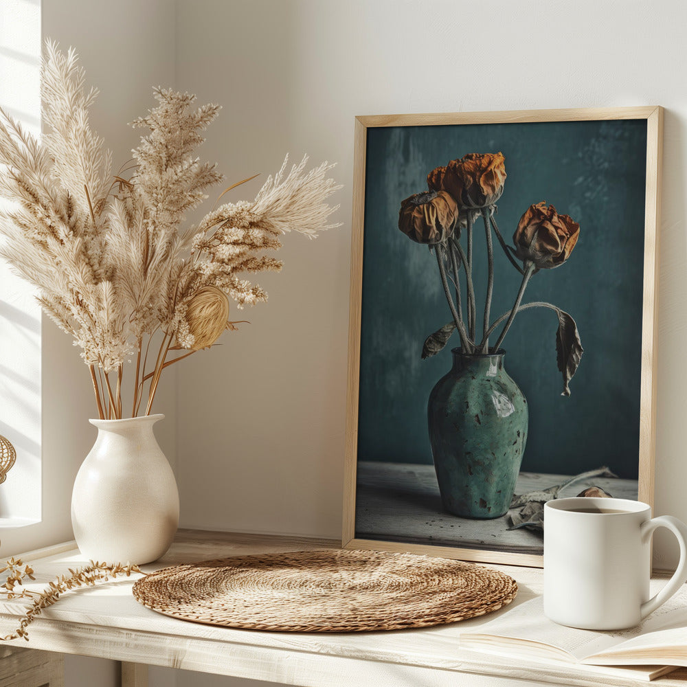 Dry Flowers In Turquoise Vase Poster