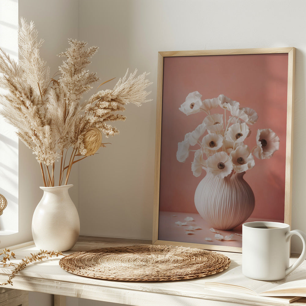 White Poppy On Coral Background Poster