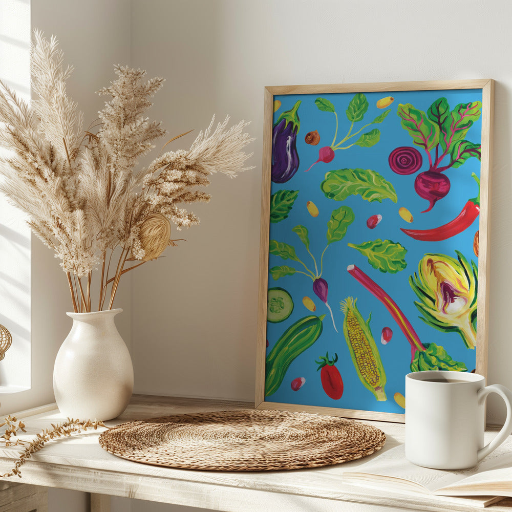 Spring Vegetables Blue Poster