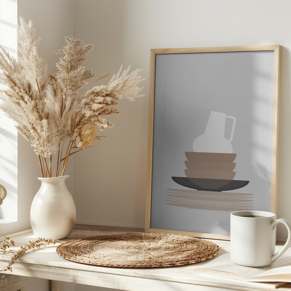 Dishes and vase in gray Poster