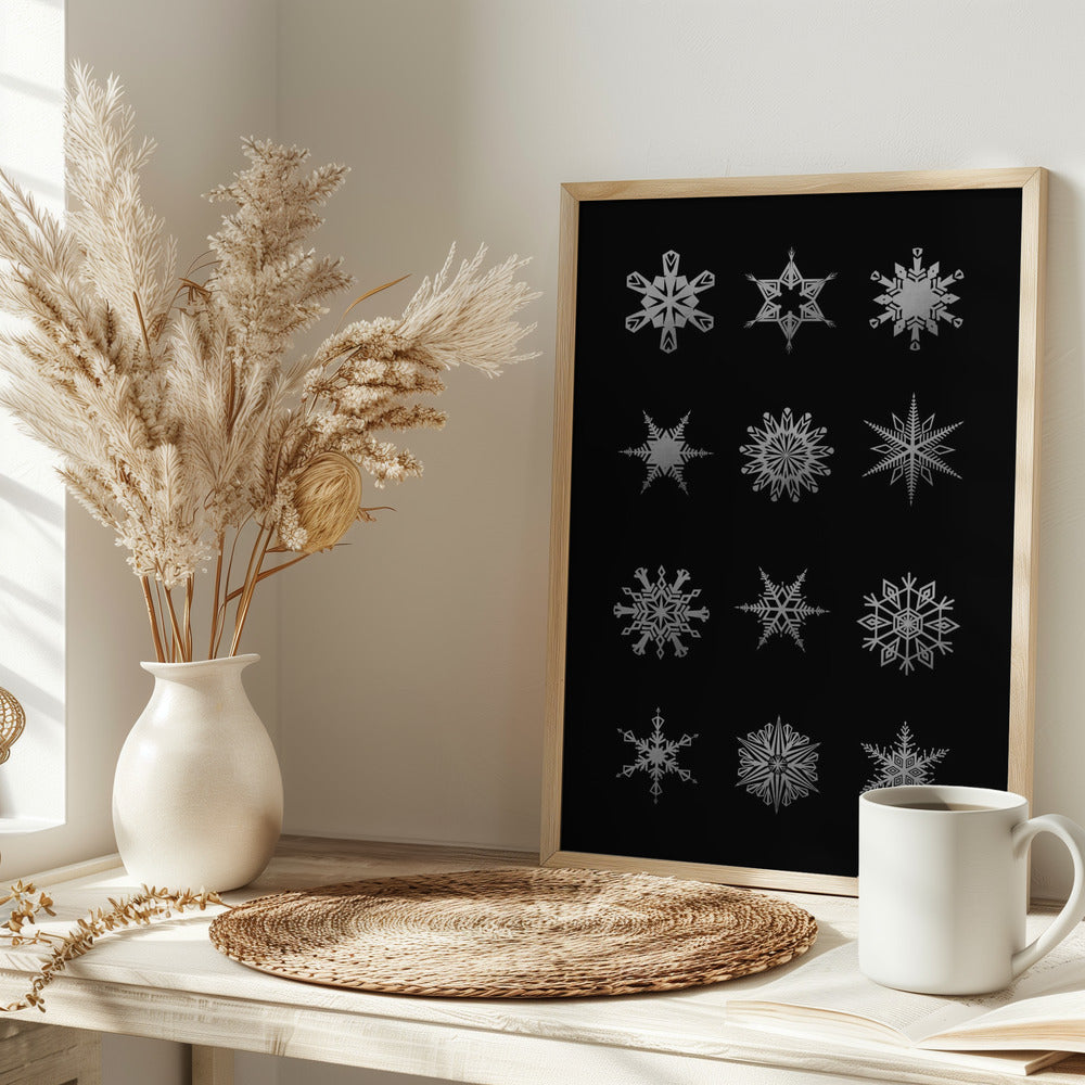 Twelve geometric snowflakes in black Poster