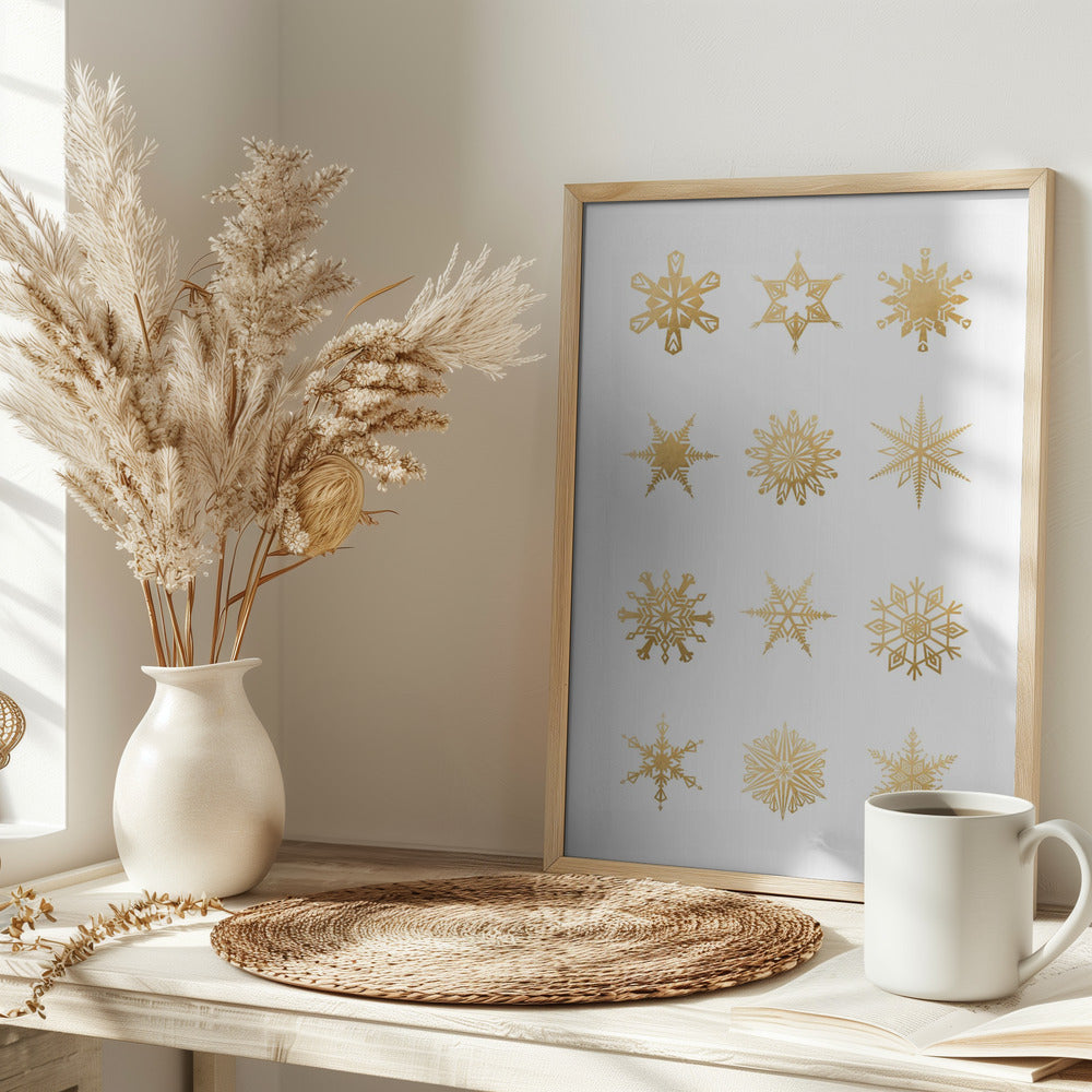 Twelve geometric snowflakes in gold Poster