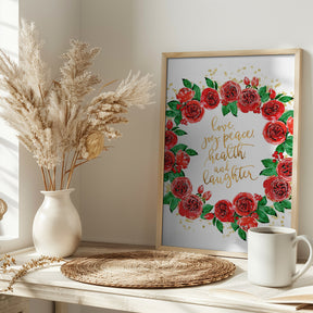 Holiday wishes wreath of red English roses Poster