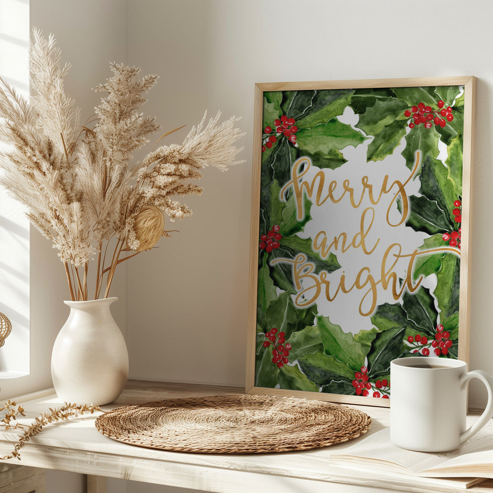 Merry and bright holly floral art Poster