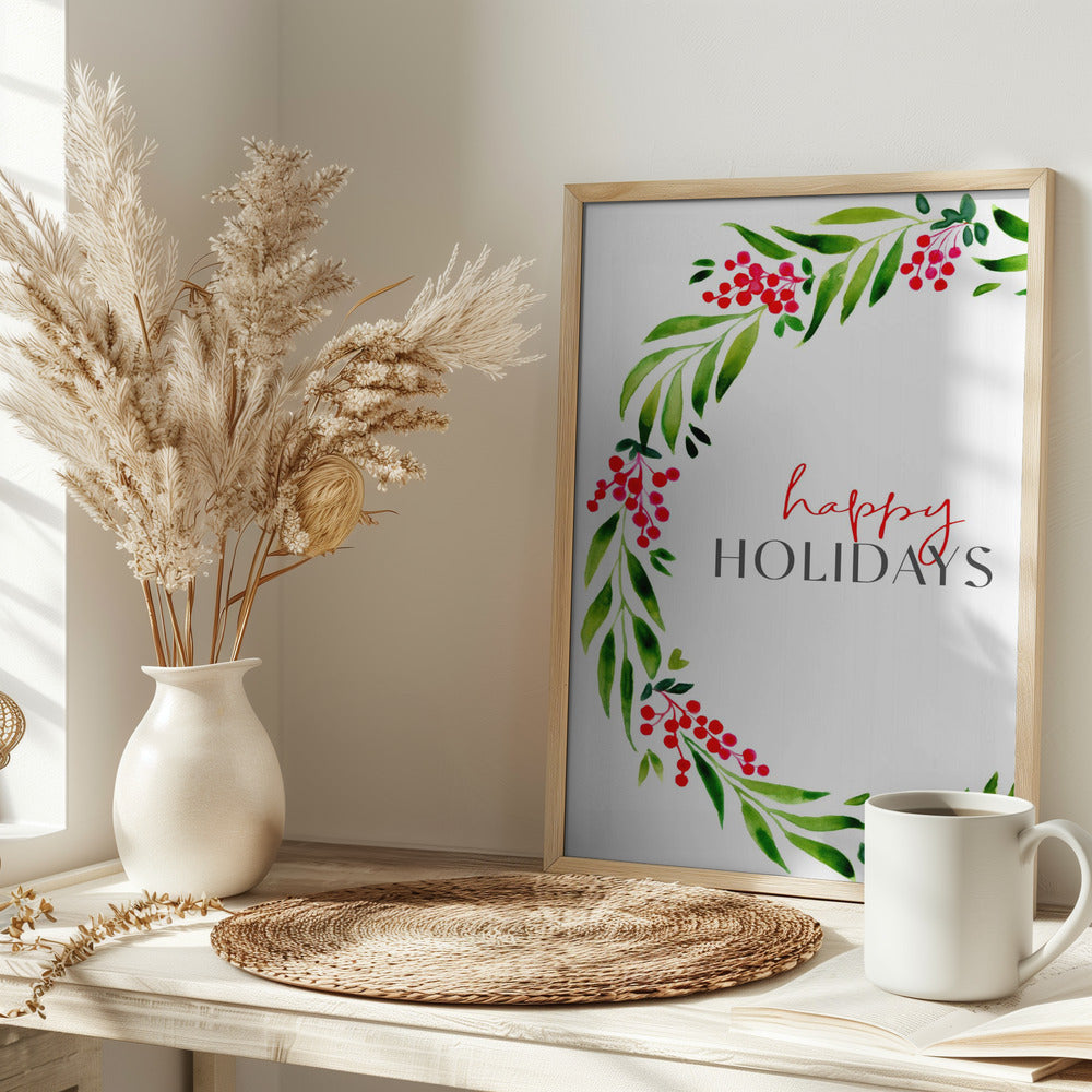 Happy holidays watercolor wreath Poster