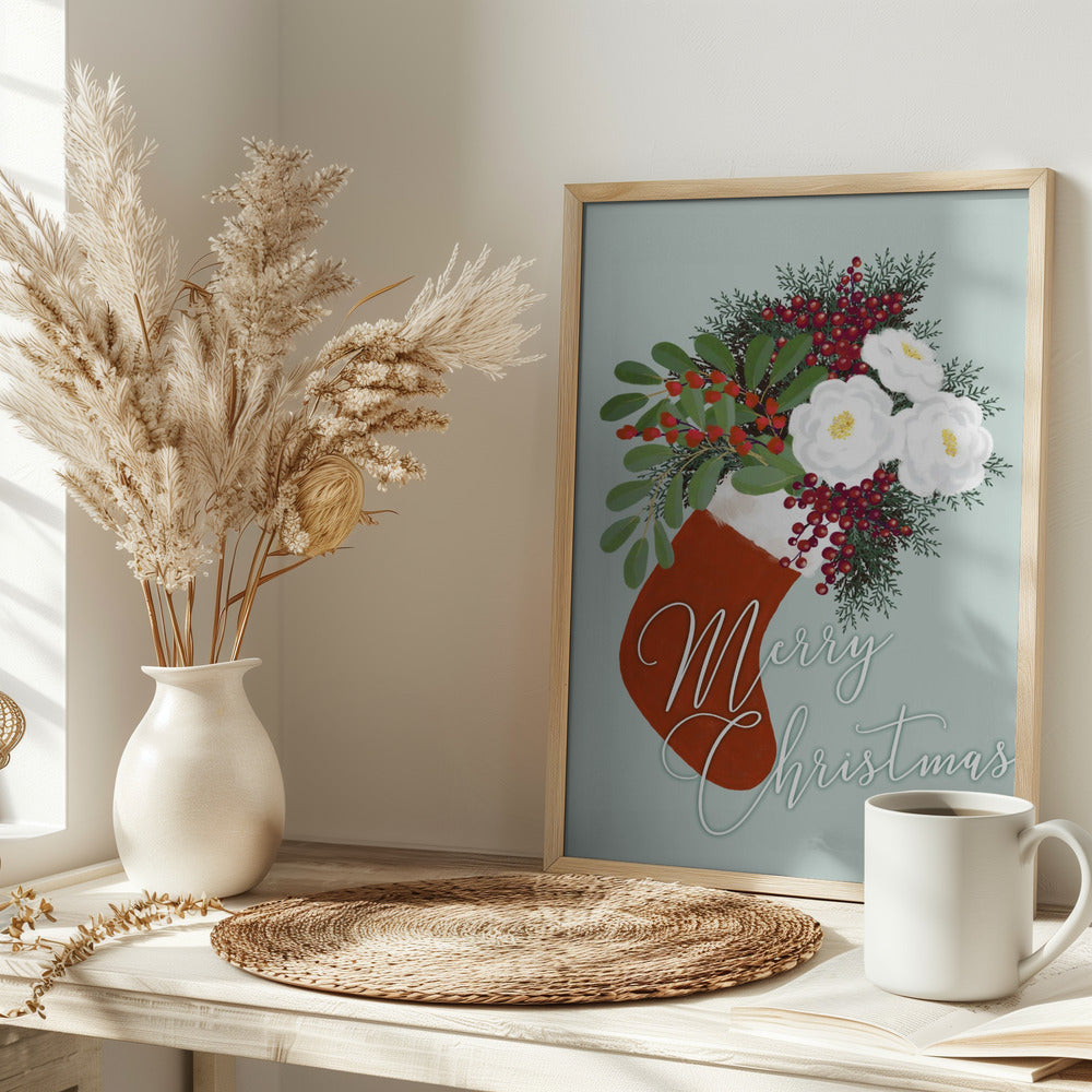 Floral Stocking Merry Christmas in mint Poster