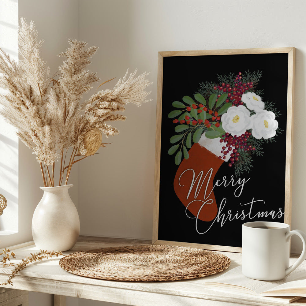 Floral Stocking Merry Christmas in black Poster