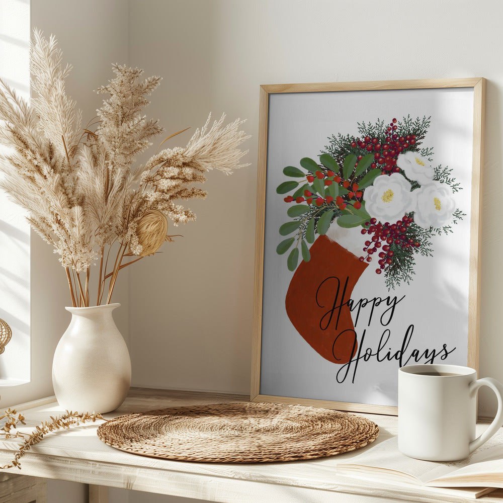 Floral Stocking Happy holidays in white Poster