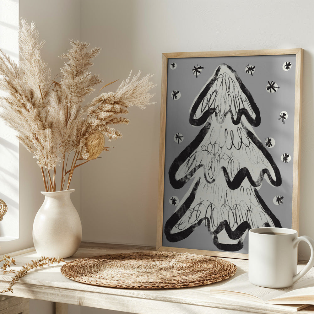 Christmas Tree And Snow Grey Poster