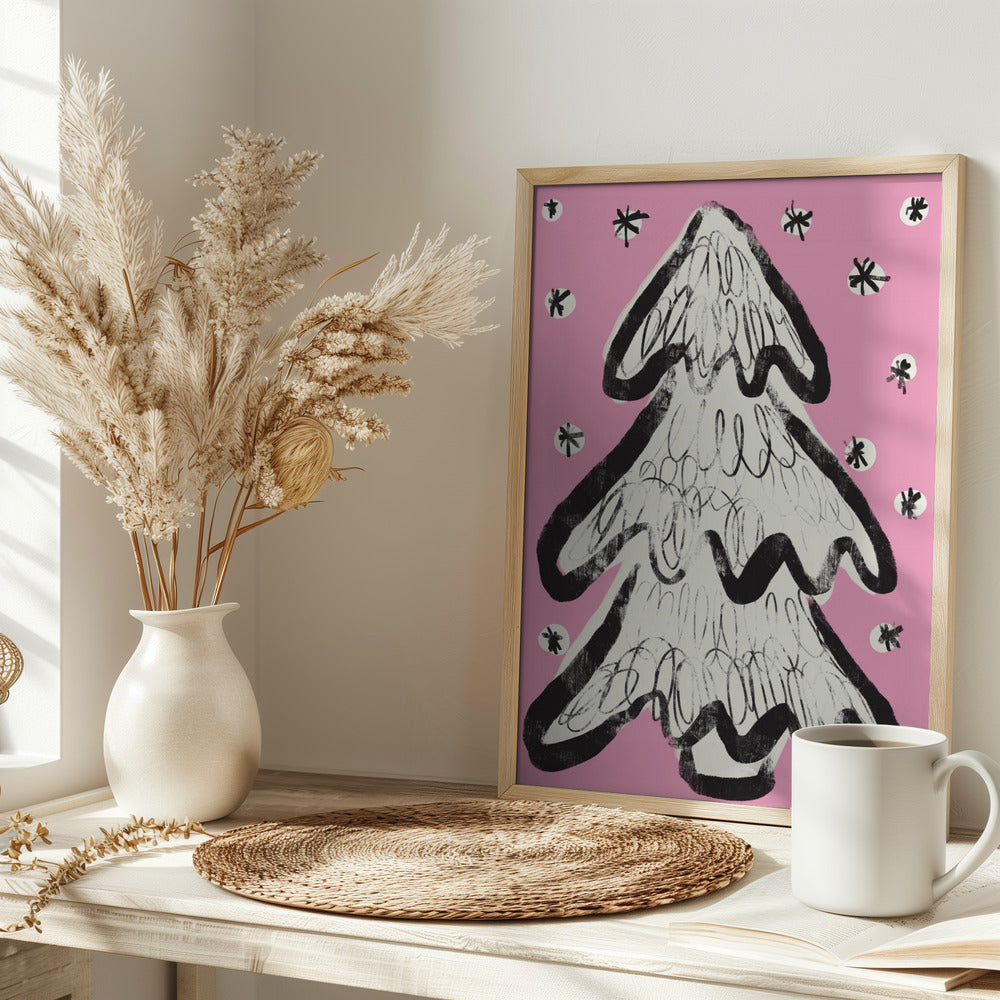 Christmas Tree And Snow Pink Poster