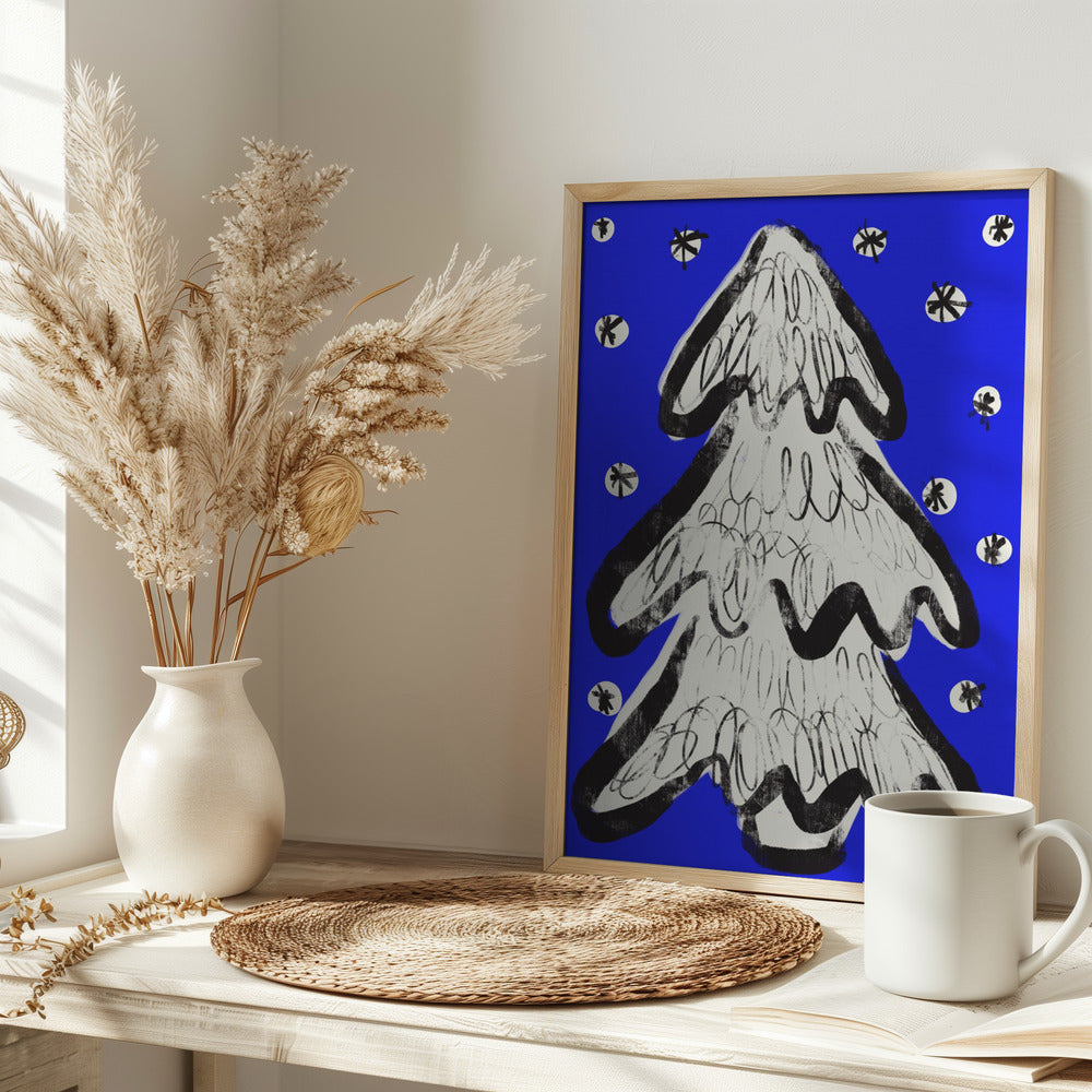 Christmas Tree And Snow Blue Poster