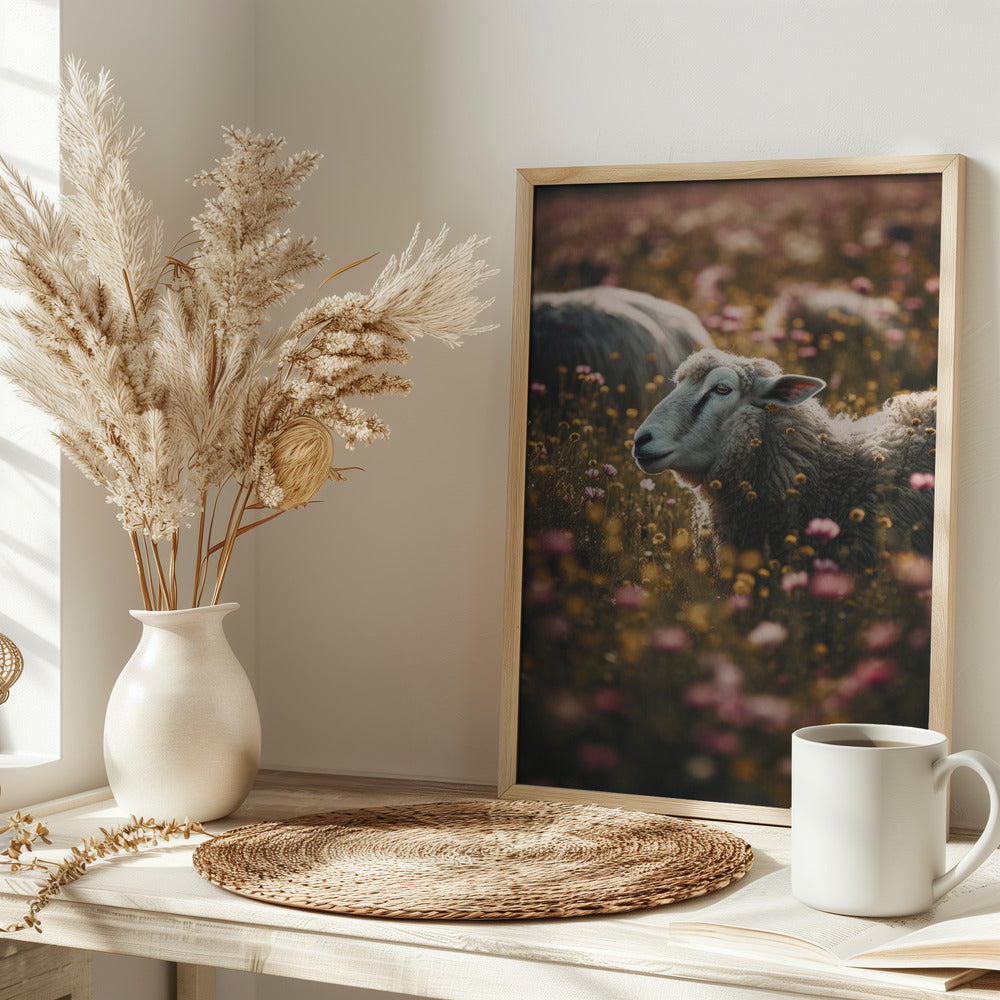 Sheeps In Flower Field Poster