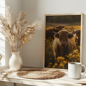 Highland Cows In Flower Field No 2 Poster