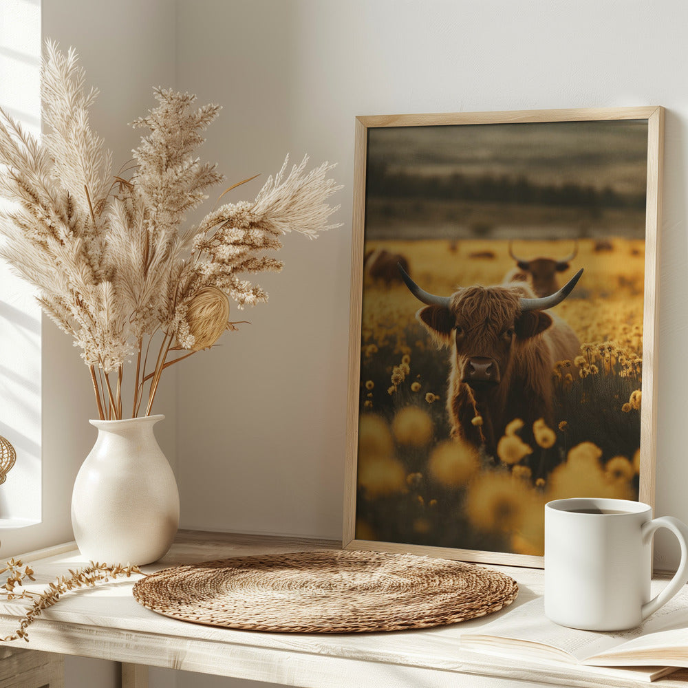 Highland Cows In Flower Field Poster