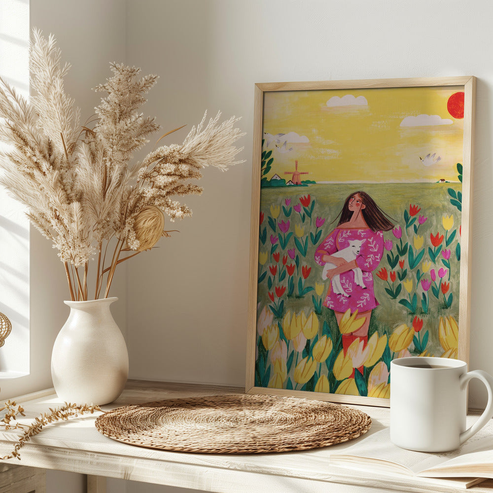 Woman in spring tulip field Poster