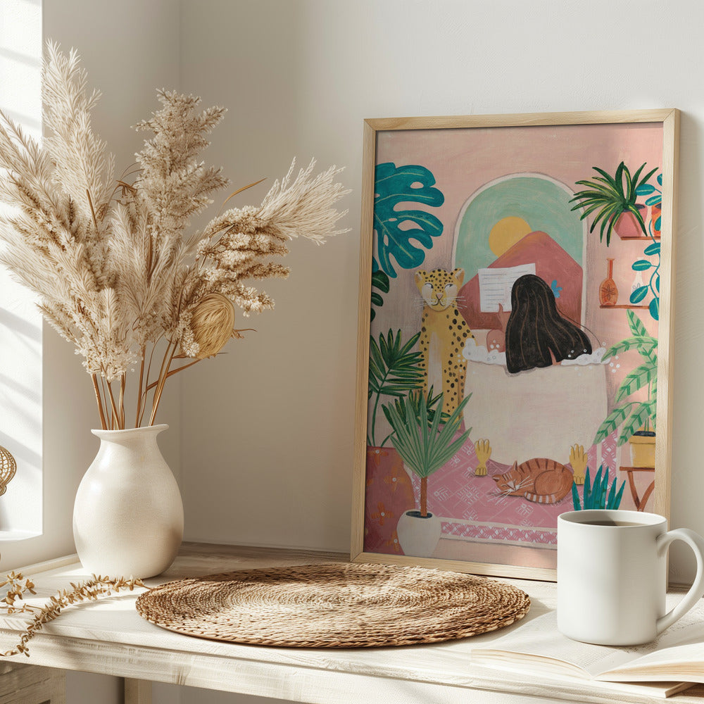 Woman taking bath in pink tropical bathroom Poster