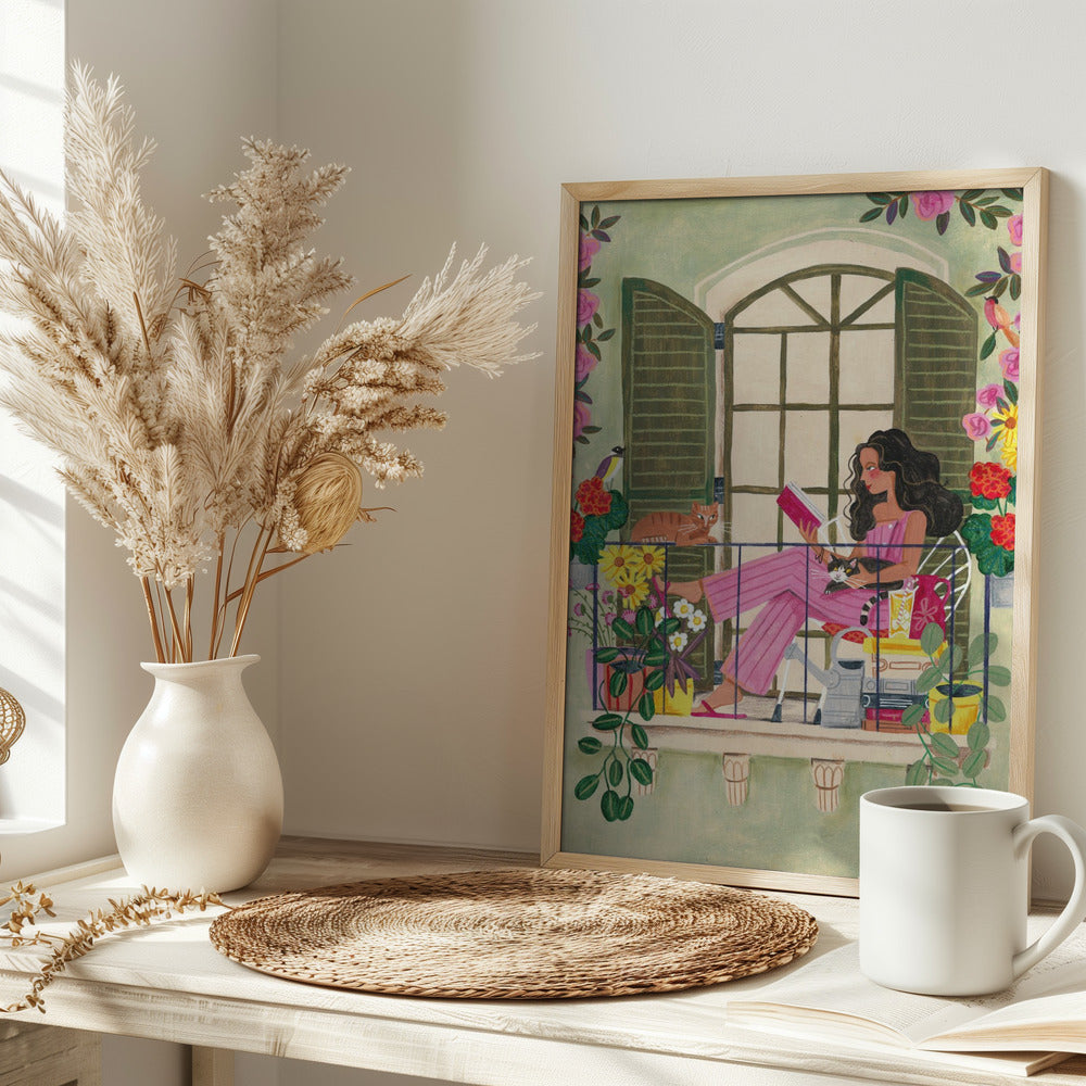 Woman reads on balcony Poster