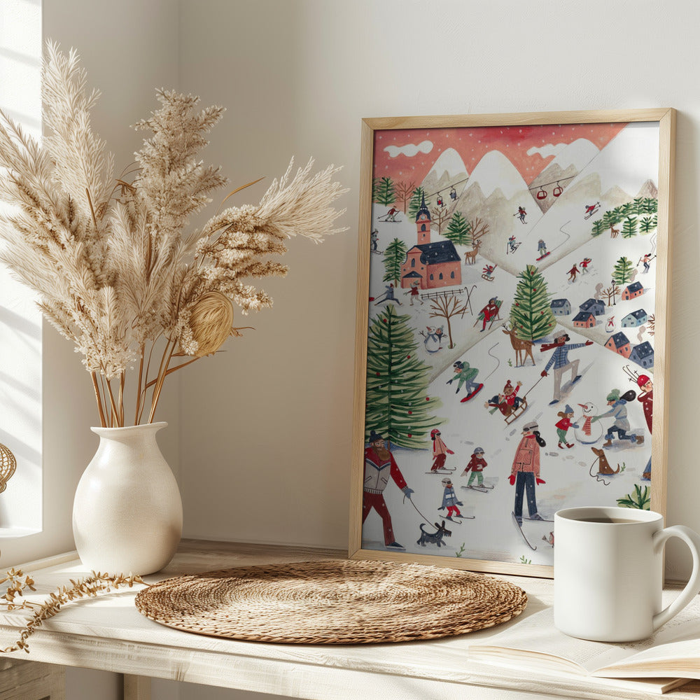 Mountain landscape with houses in the snow Poster