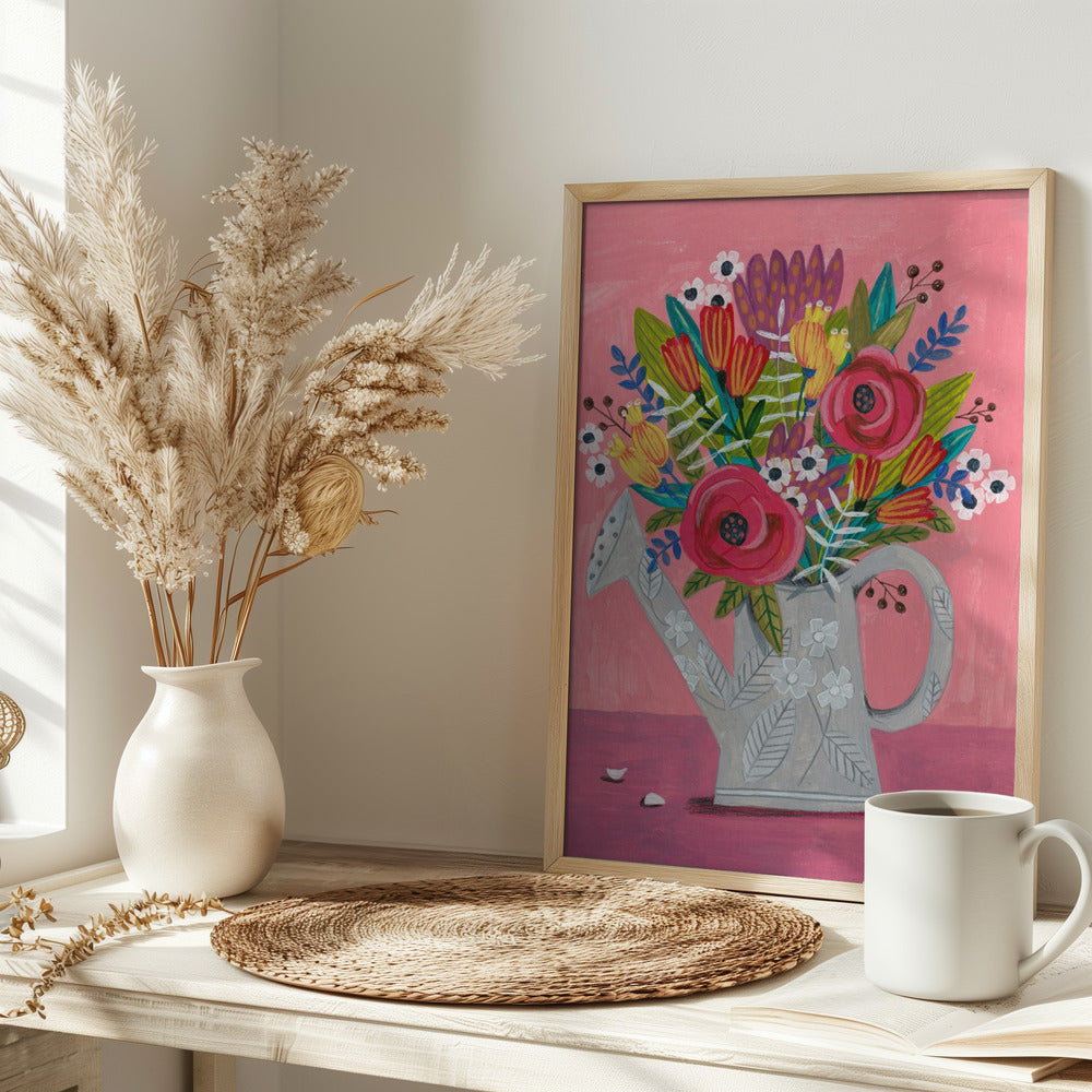 Watering Can with Flowers Poster