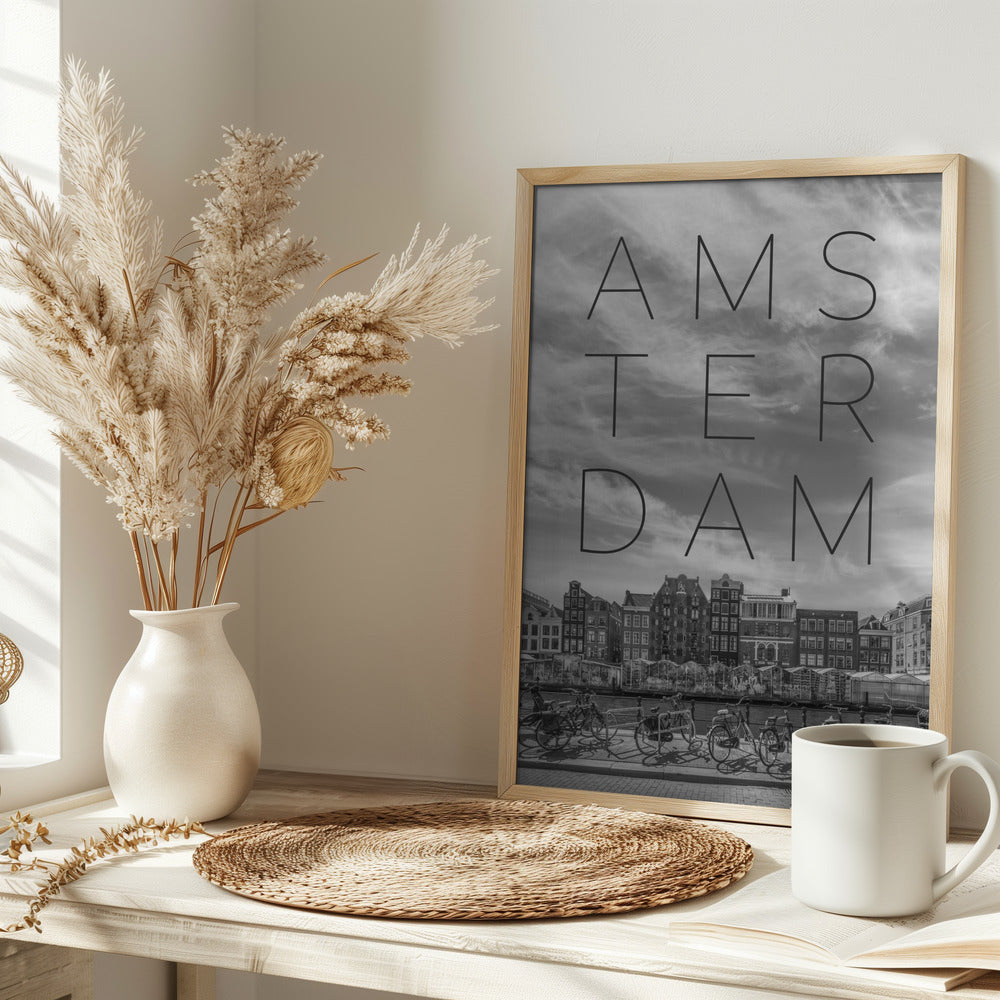 AMSTERDAM Singel Canal with Flower Market | Text &amp; Skyline Poster