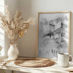 Monochrome Art NYC Manhattan Bridge | watercolor Poster