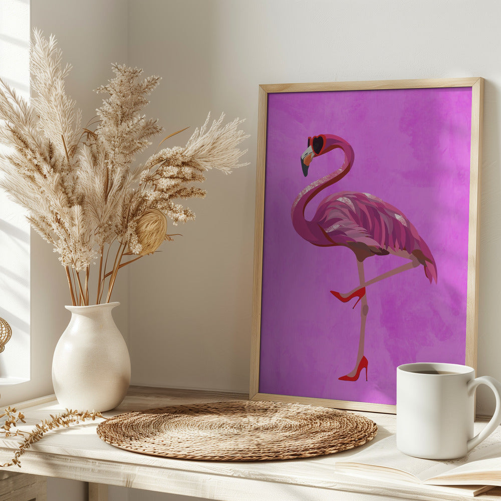 Flamingo in heels and heart glasses pink Poster