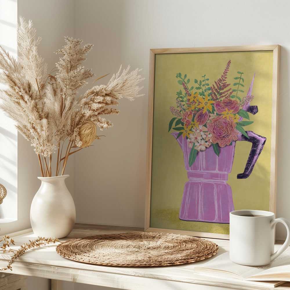 Espresso Maker with Flowers Poster