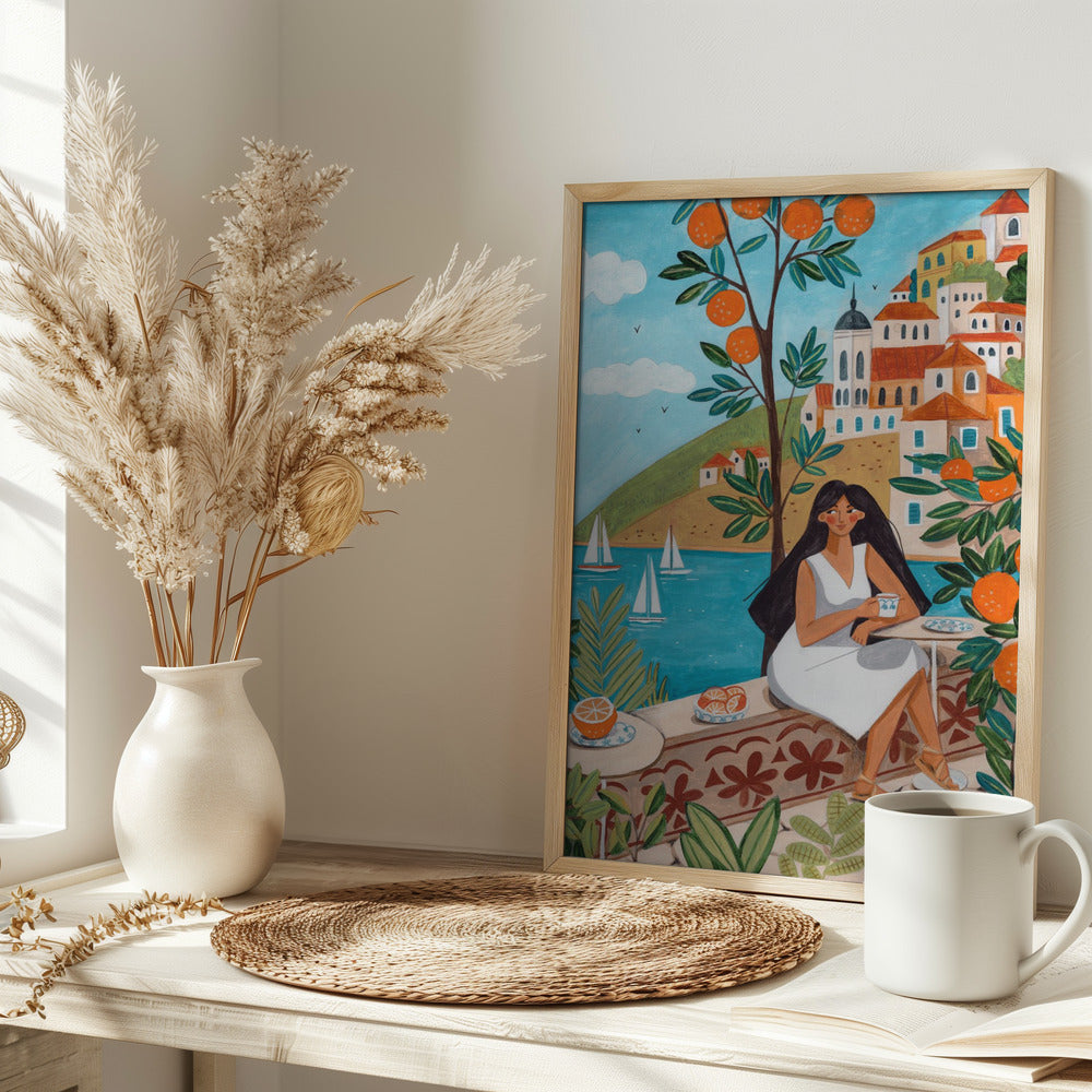 Travel poster woman in Mediterranean coast Poster