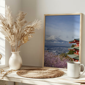 Unique view of Mount Fuji with Chureito Pagoda during cherry blossom season Poster