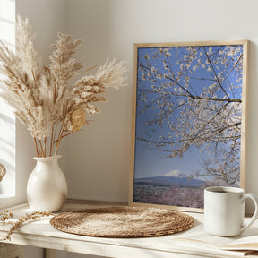 Charming view of Mount Fuji with cherry blossoms	 Poster