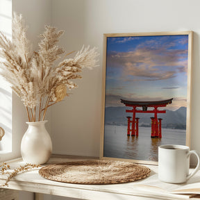 Vermilion Torii of Itsukushima Shrine on Miyajima in the evening Poster