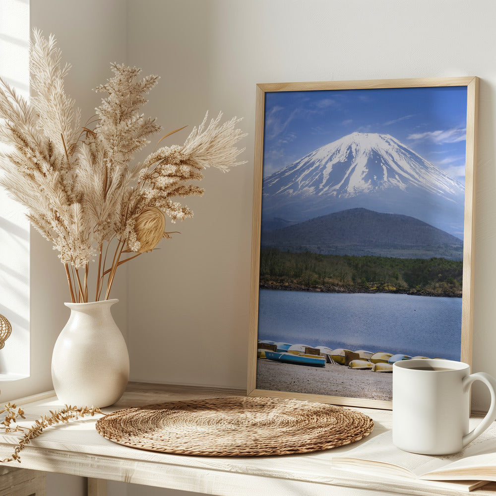 Picturesque Lake Shoji with striking Mount Fuji Poster