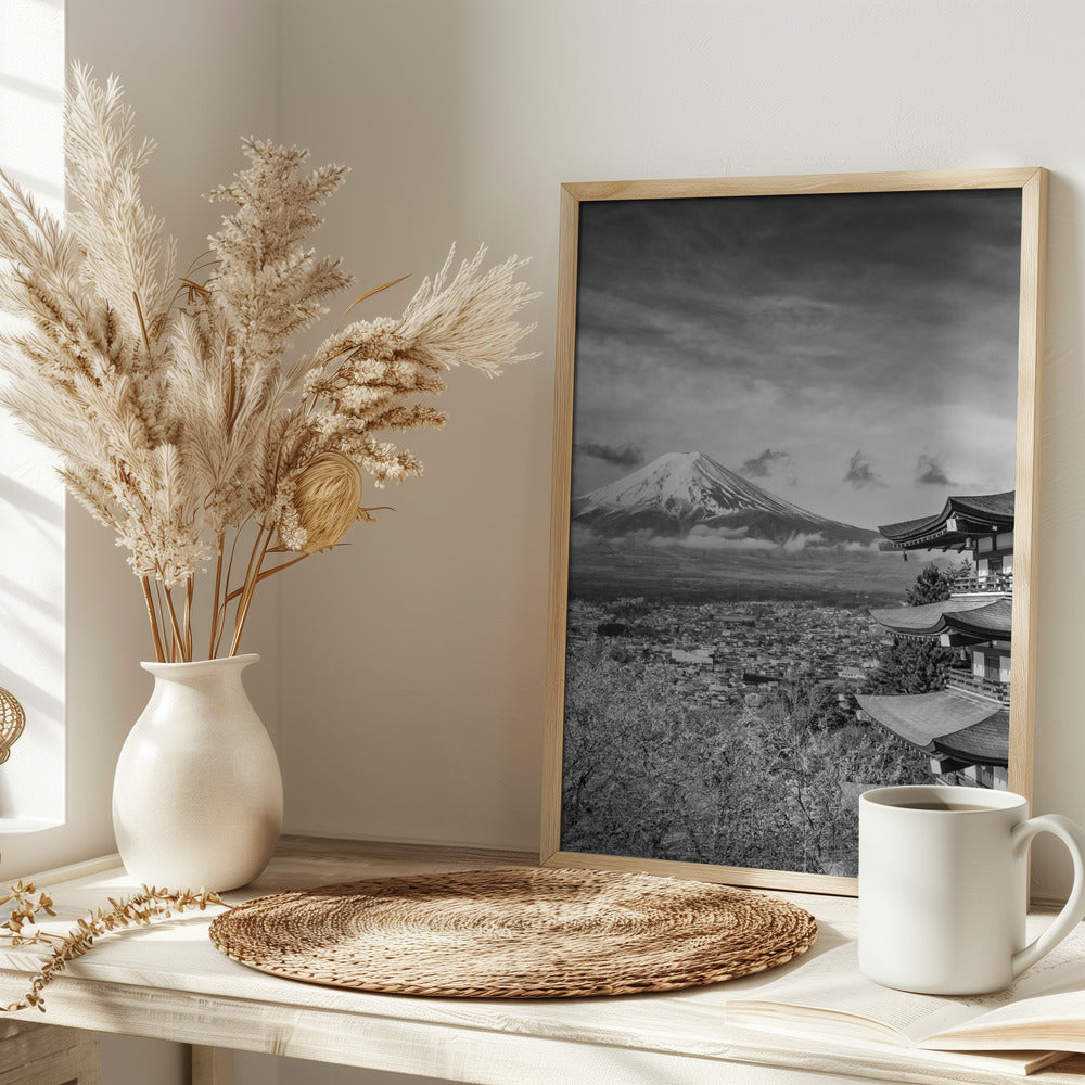 Unique view of Mount Fuji with Chureito Pagoda during cherry blossom season - monochrome Poster